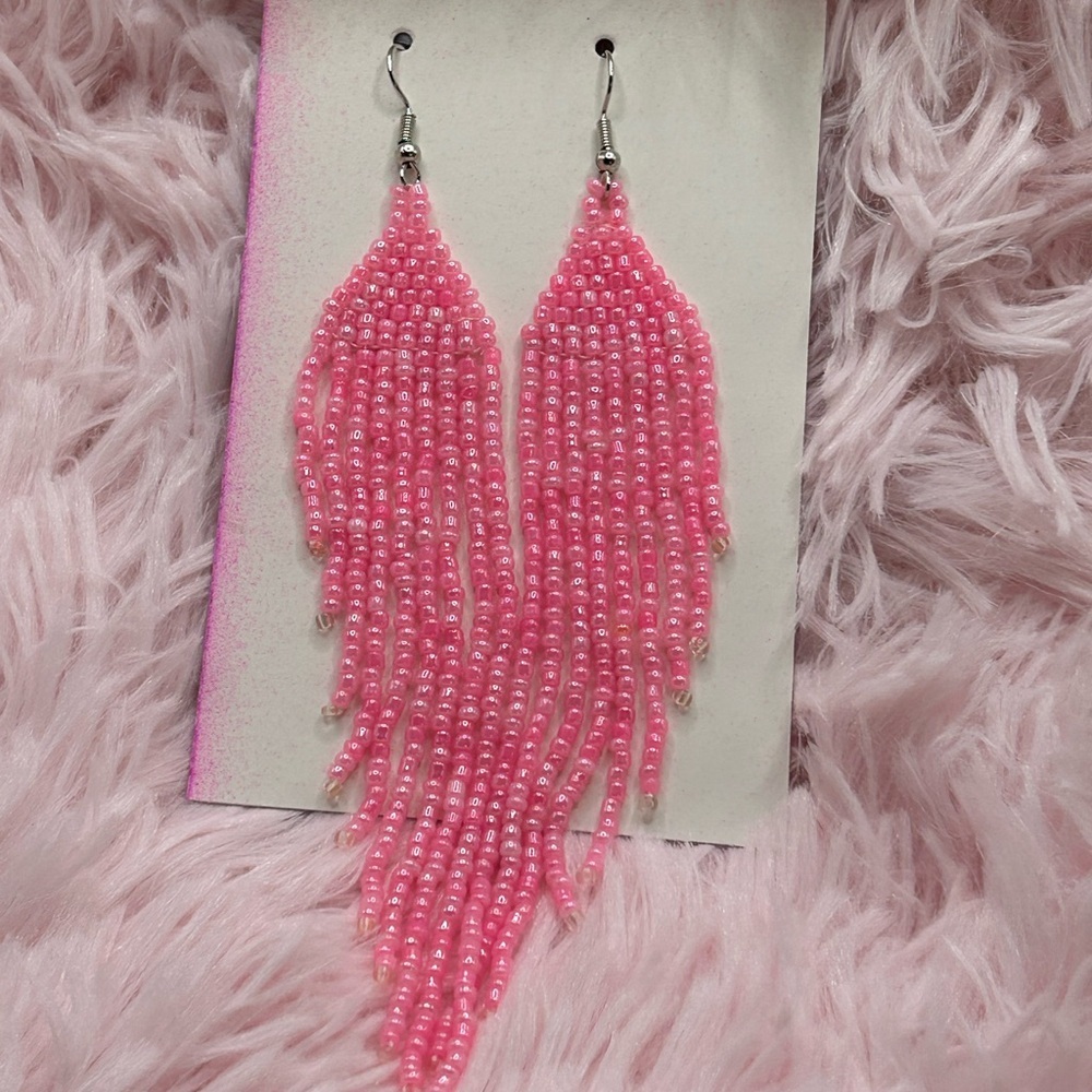 Long Pink Seed Bead Fringe Earrings